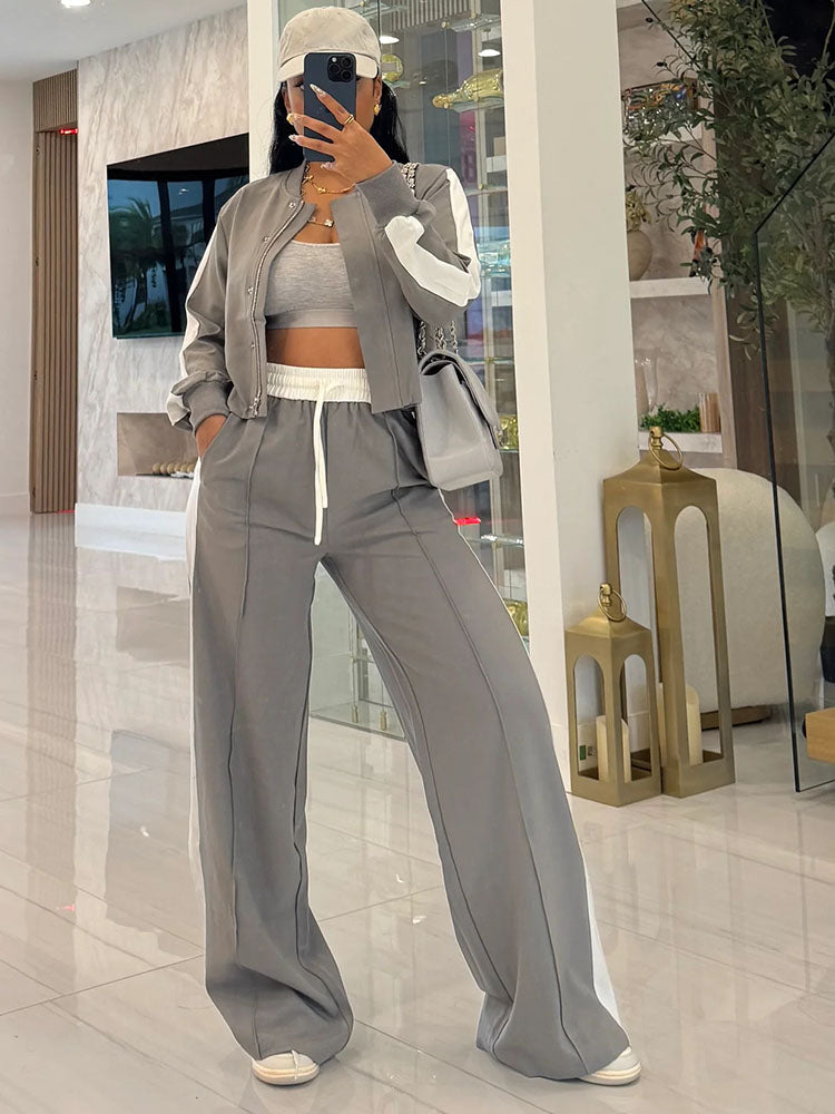 Contrast Crop Jacket & Wide Pants Set