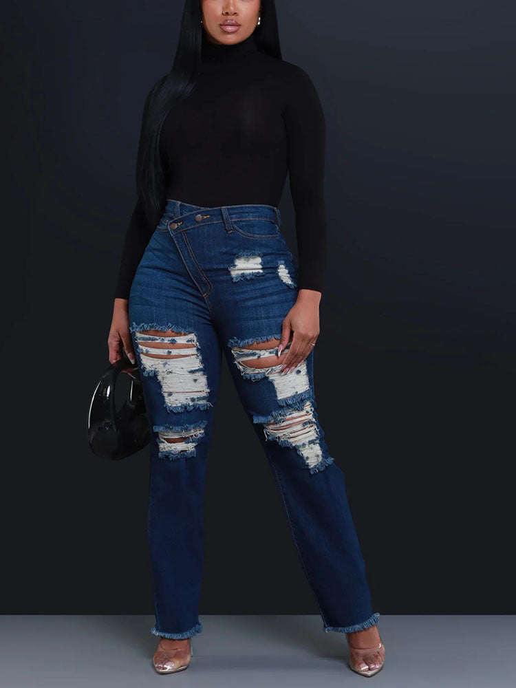 Distressed Asymmetrical Zip Jeans