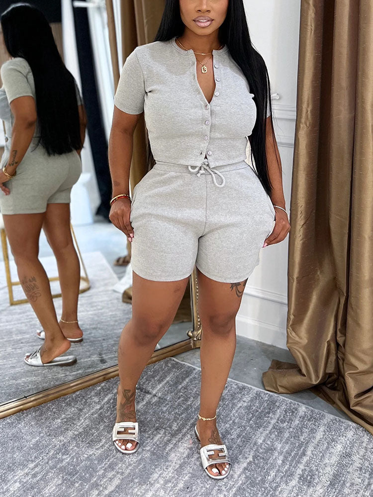 Ribbed Button Top & Drawstring Shorts Set