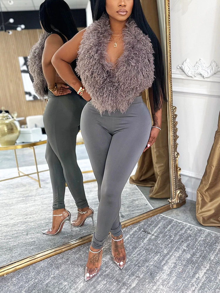 Fur Halter Vest & Leggings Set