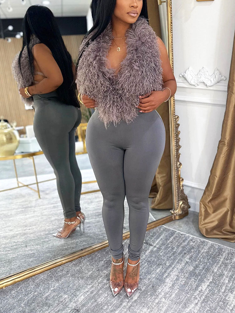 Fur Halter Vest & Leggings Set