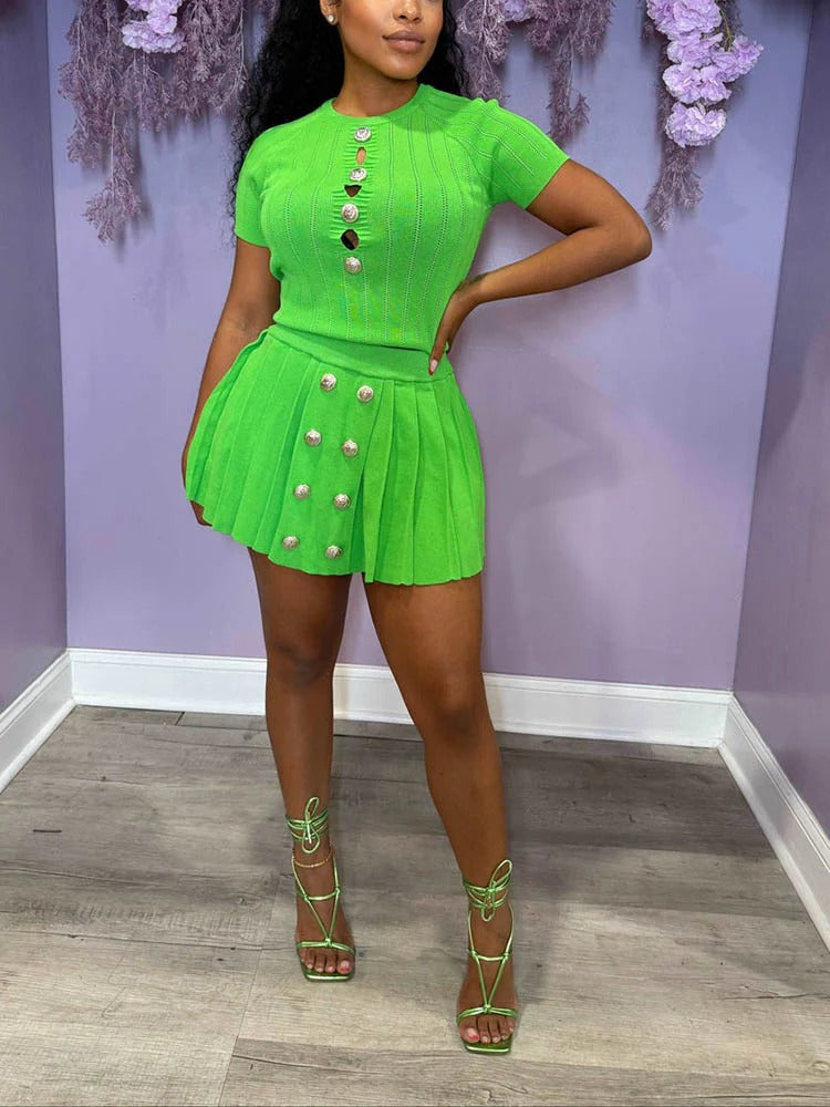 Knit Top Mini Pleated Skirt Set