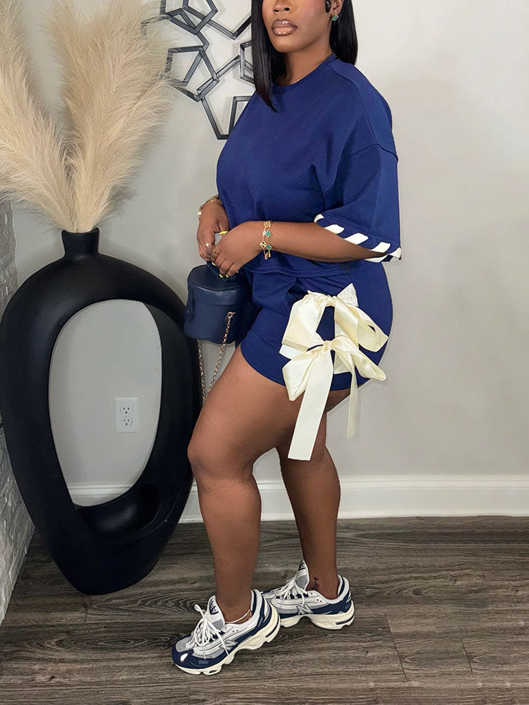 Contrast Crop Top & Bow Tie Shorts Set