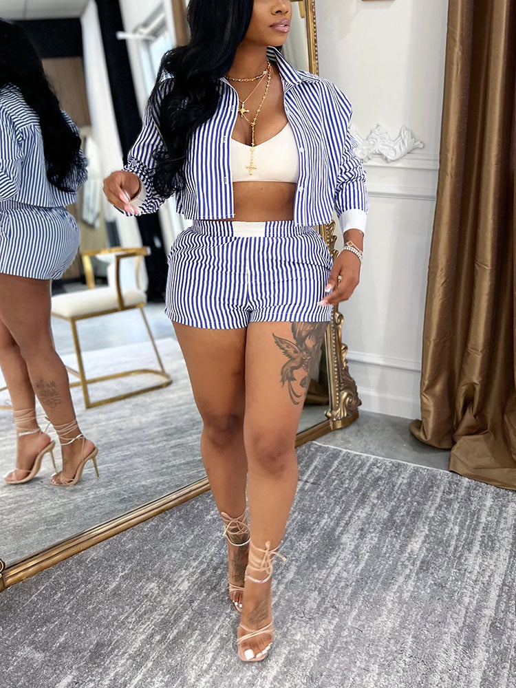 Chic Striped Cropped Shirt & Shorts Set