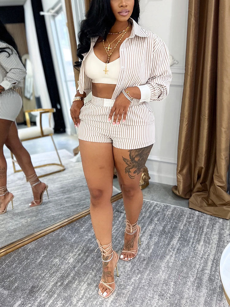 Chic Striped Cropped Shirt & Shorts Set