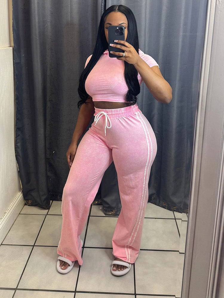 Washed Crop Hoodie & Wide Pants Set