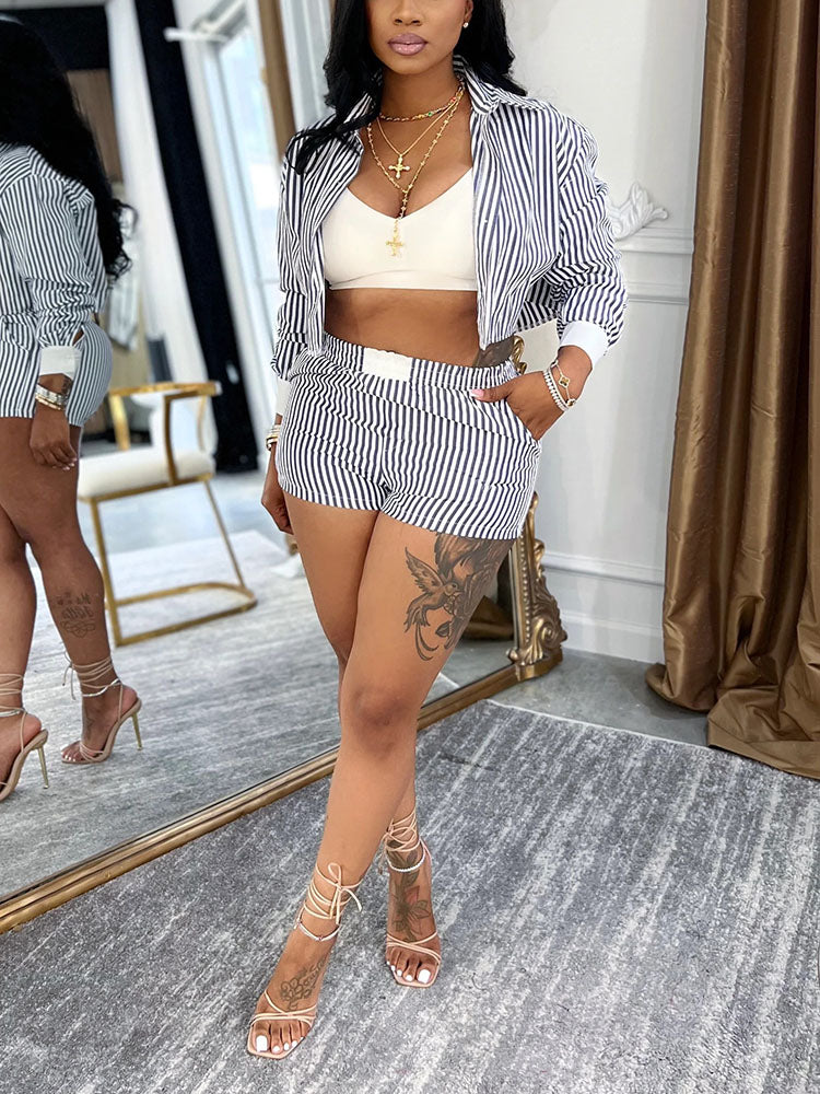 Chic Striped Cropped Shirt & Shorts Set