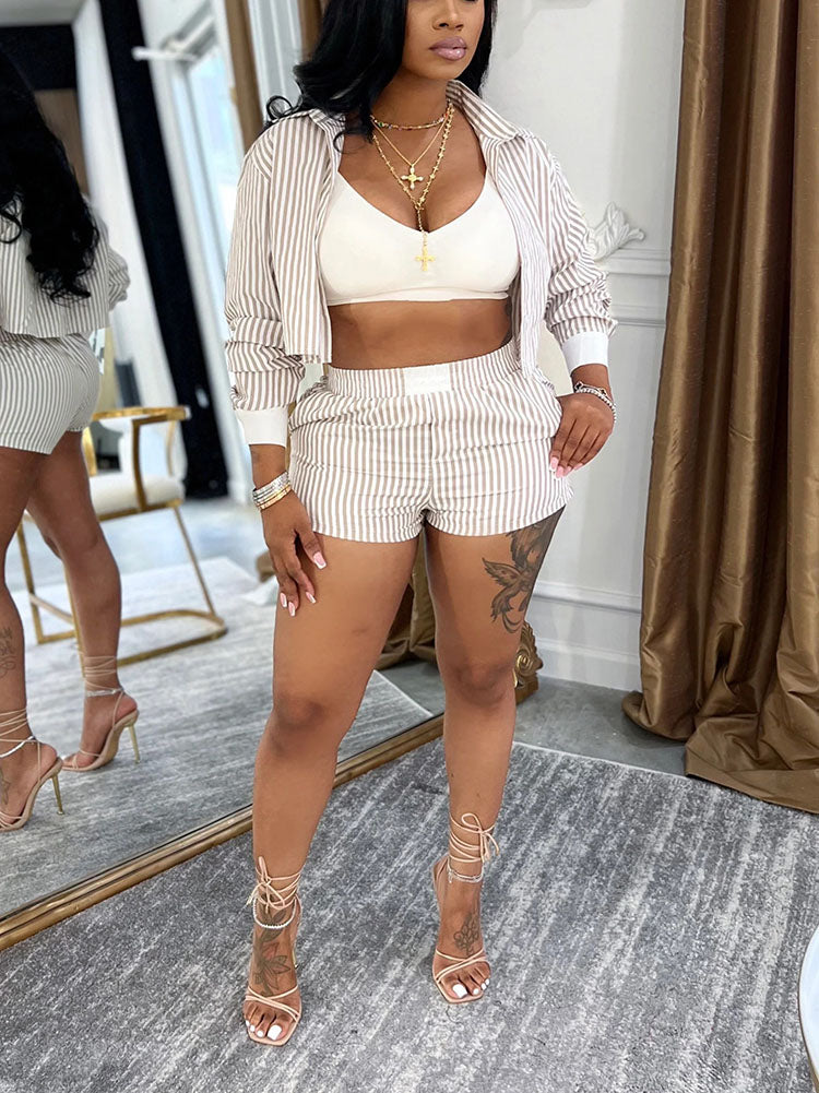 Chic Striped Cropped Shirt & Shorts Set