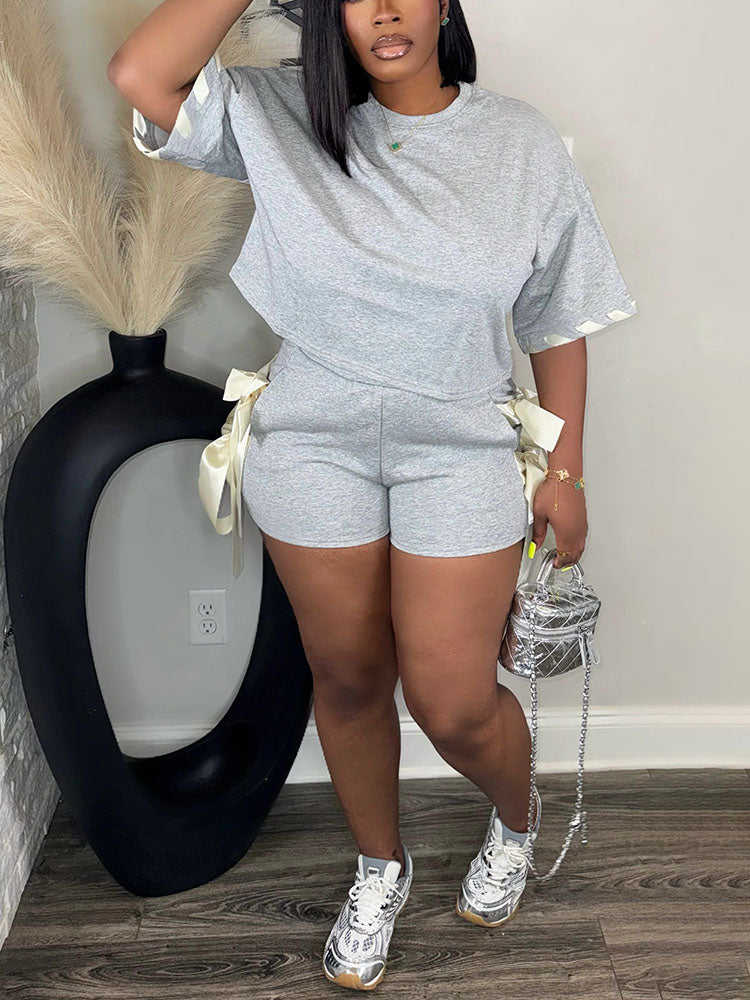 Contrast Crop Top & Bow Tie Shorts Set