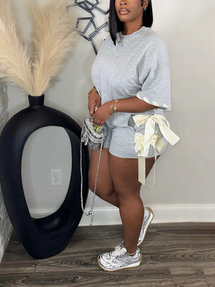 Contrast Crop Top & Bow Tie Shorts Set